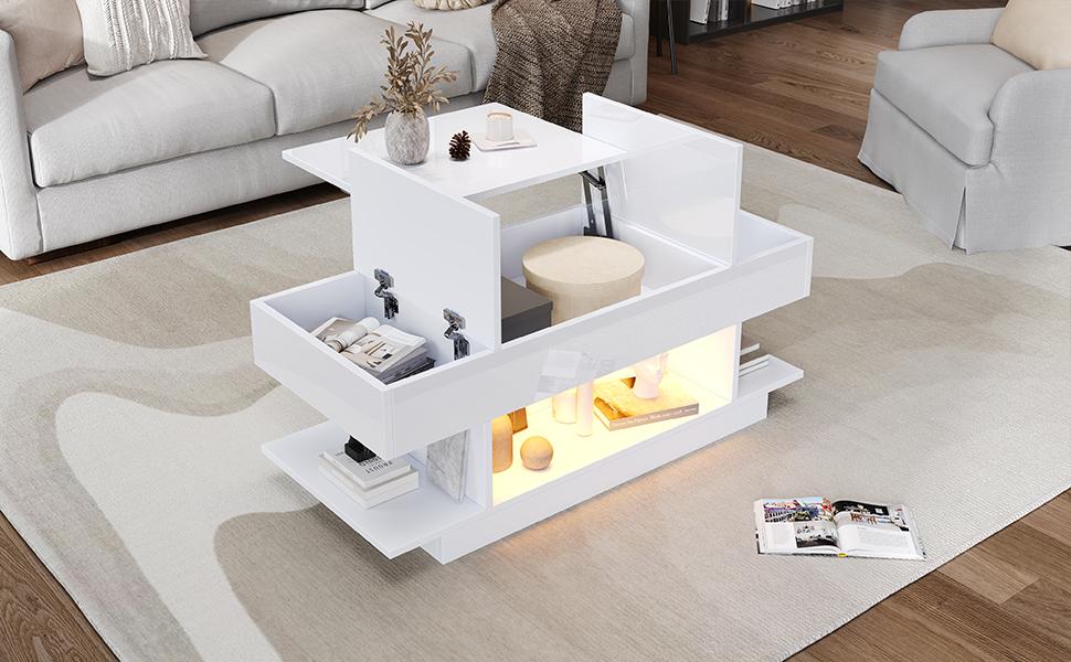 98*45*40cm Lift Coffee Table with Lift Tabletop, Height-Adjustable, 2 Flip-Top Cabinets, Semi-Open Storage, High-Gloss, LED, White