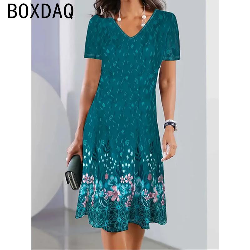 Women V-Neck Short Sleeve Pritned Dress Fashion Lady Street Personalized Dress 3D Vintage Floral Casual Loose A-Line Dress