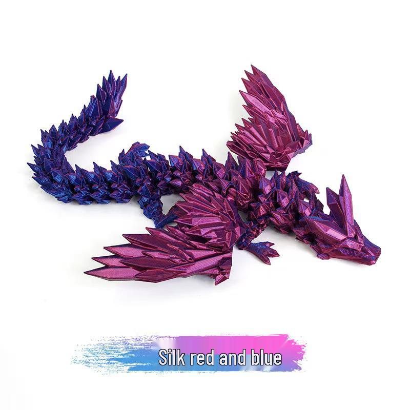3D Printed Movable Dragon Figure with Crystal Gem Wings Silk Red Blue [High Quality PLA]