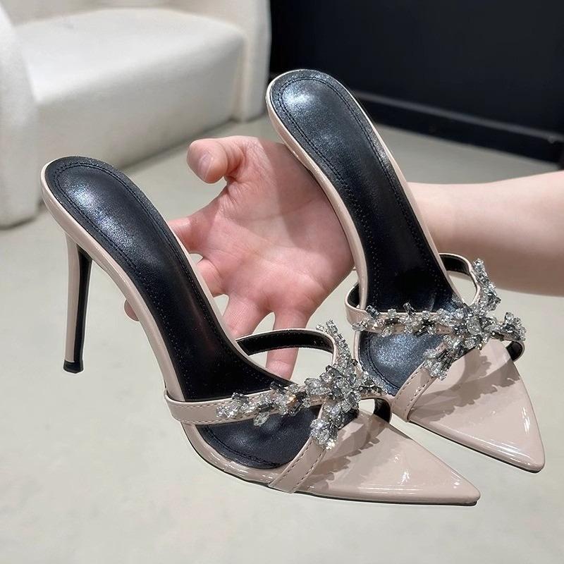 Pointed Toe Open Toe Rhinestone Stiletto Slippers Women Summer New Crossover Strap Flip Flop Versatile High Heel Cool Mopping