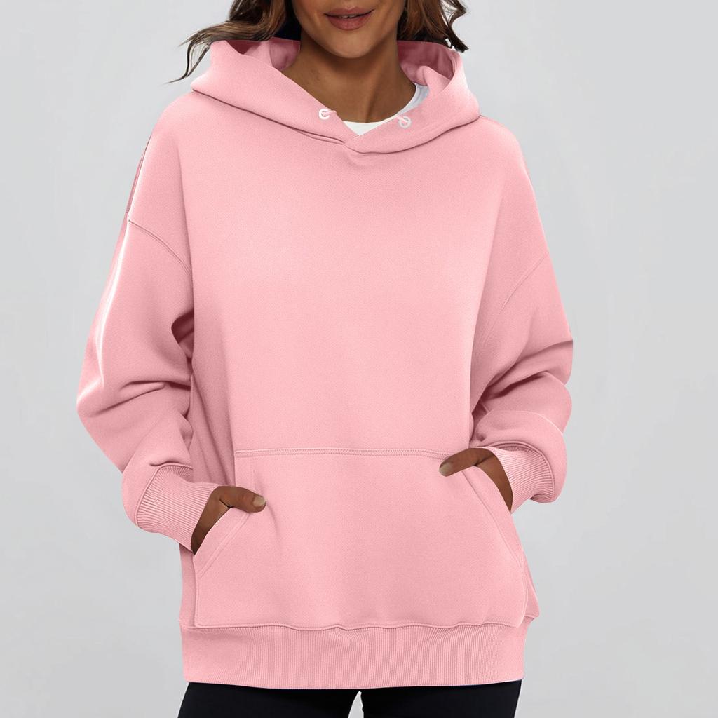 Ladies' Fashionable Solid Color Casual Hooded Pocket Long Sleeved Top