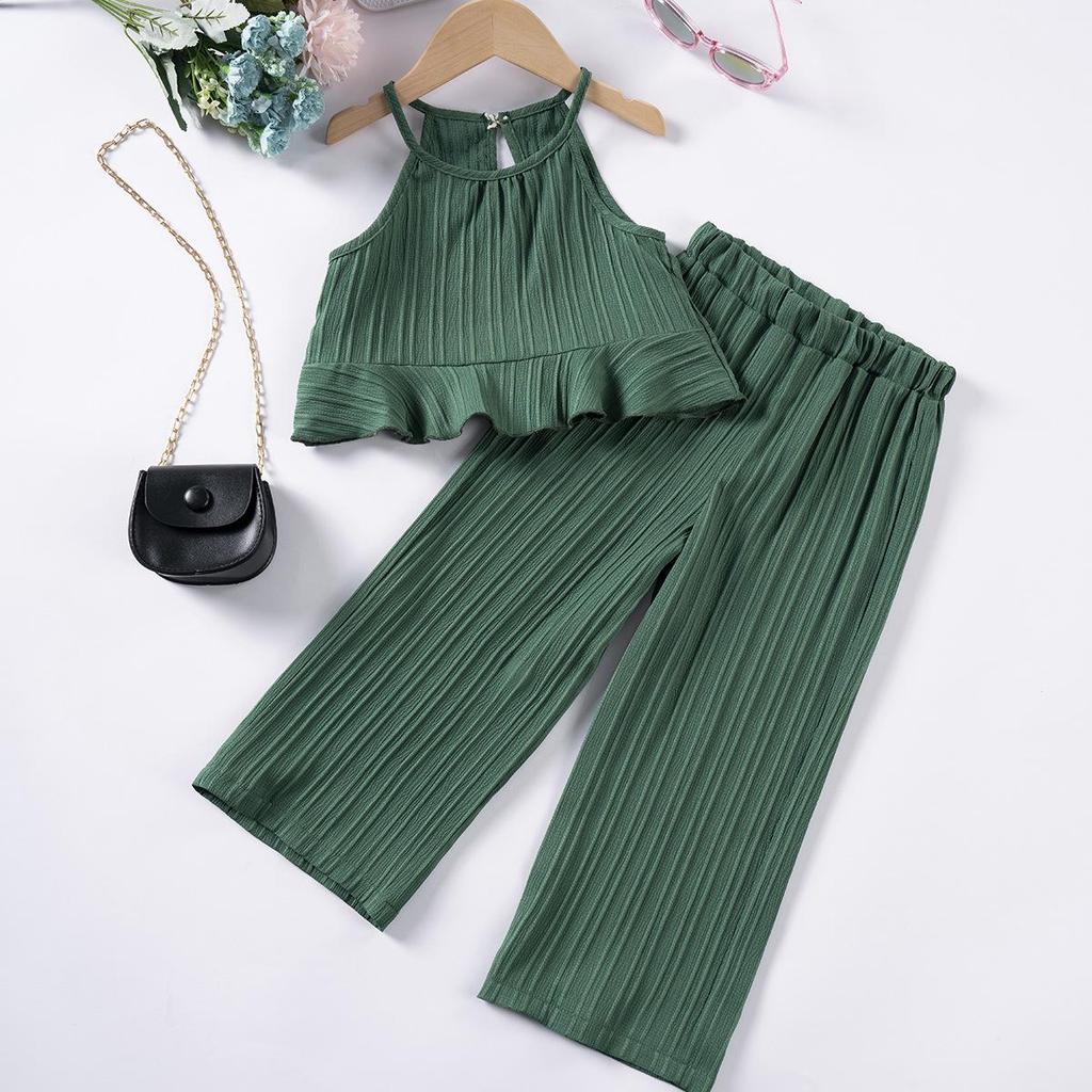Multi-color Sea Wave Stripe Tank Top & Wide-Leg Pants Set - Stylish Summer Outfit for Girls