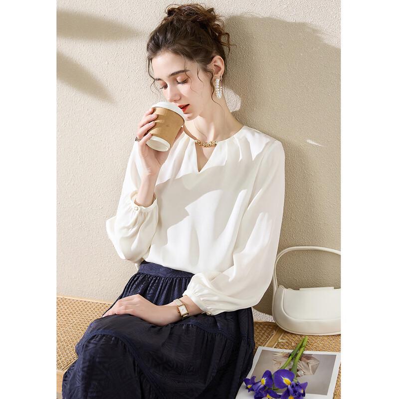 TUHUANG Women s Mulberry Silk Chain Detail Long Sleeve Shirt XL