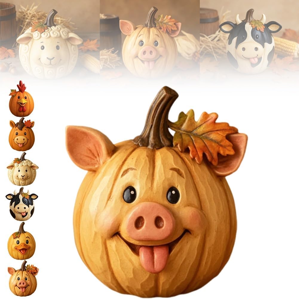 Farm Animal Pumpkin Figurines, Cute Funny Resin Cow Duck Sheep Pig Chicken Horse Statue, Halloween Thanksgiving Fall Decorations