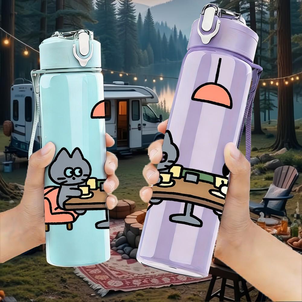 1PC Cat Dining Table Cartoon Print 750ml Color Plastic Sports Water Bottle Leakproof Flip Straw Lid Suitable for Sports Office Home Use