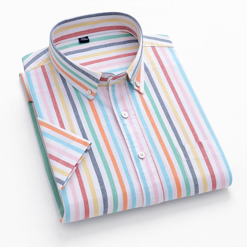 Men's Summer Striped Short-Sleeve Cotton Shirt with Turn-Down Collar