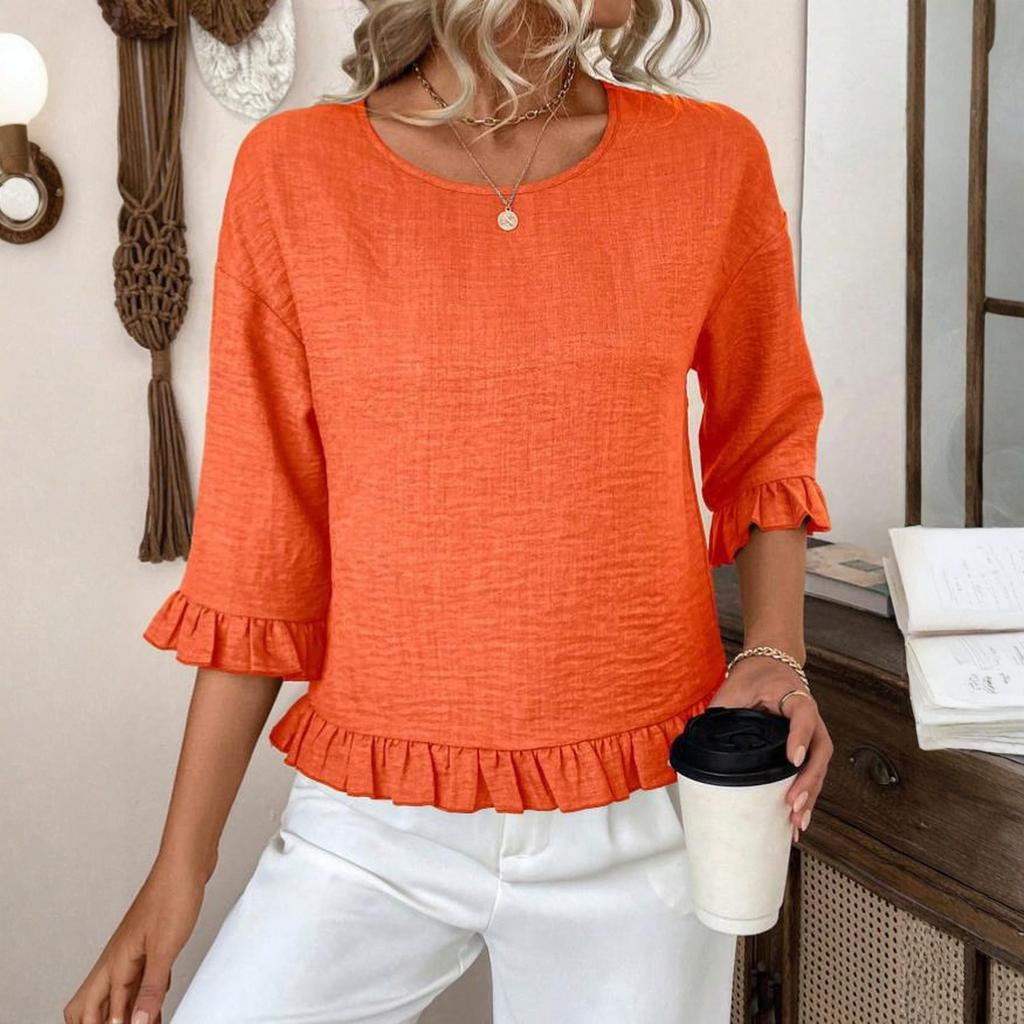 Women's Casual Fashion Ruffled Round Neck Color Long Sleeve Top