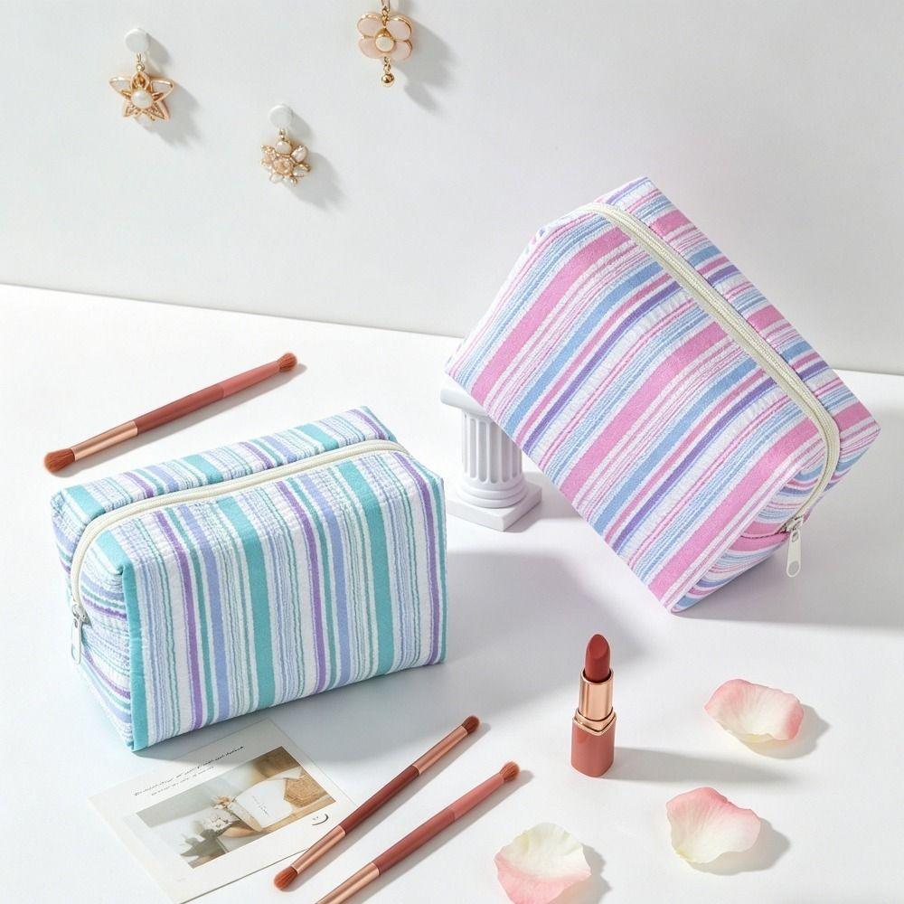 Striped Design Cosmetic Bag Lightweight Travel Skincare Bag Striped Makeup Pouch  Girls