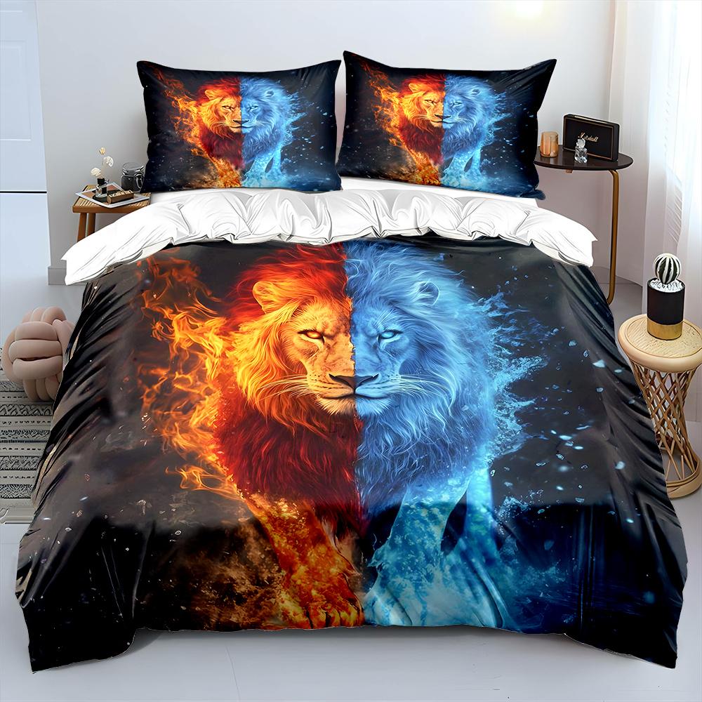 Lion Of Fire And Ice Contrast Bedding Set For Kids Luxury Gift 3Pcs Digital Print Comforter Set Soft Comfortable Breathable