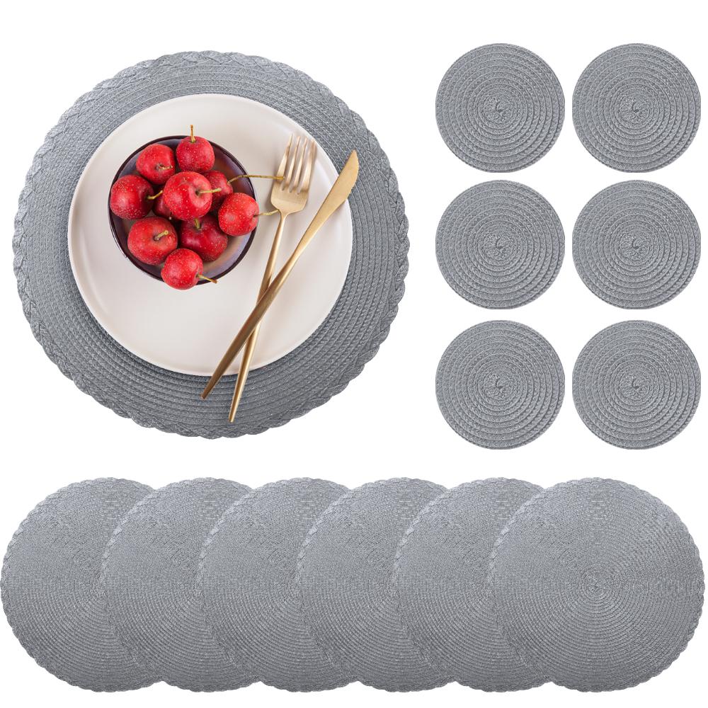 

Sets 6 Woven Table Placemats and Coaster 34CM Round Cotton Dinner Table Mats Anti Slip Heat Resistant Easy Clean Place Mats