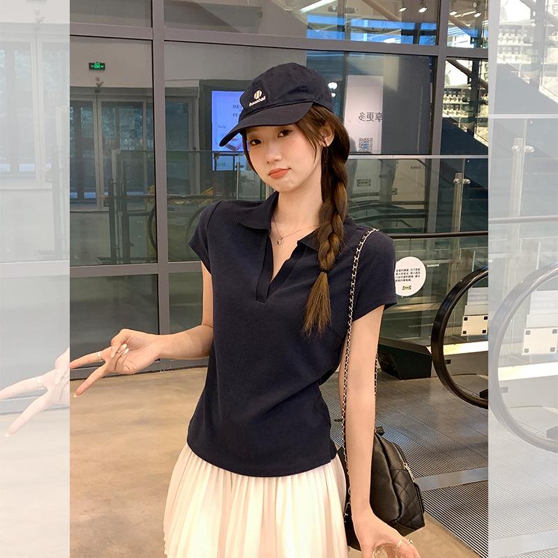 Simple casual Polo collar short-sleeved T-shirt women's summer shoulder thin temperament beautiful high-end small top