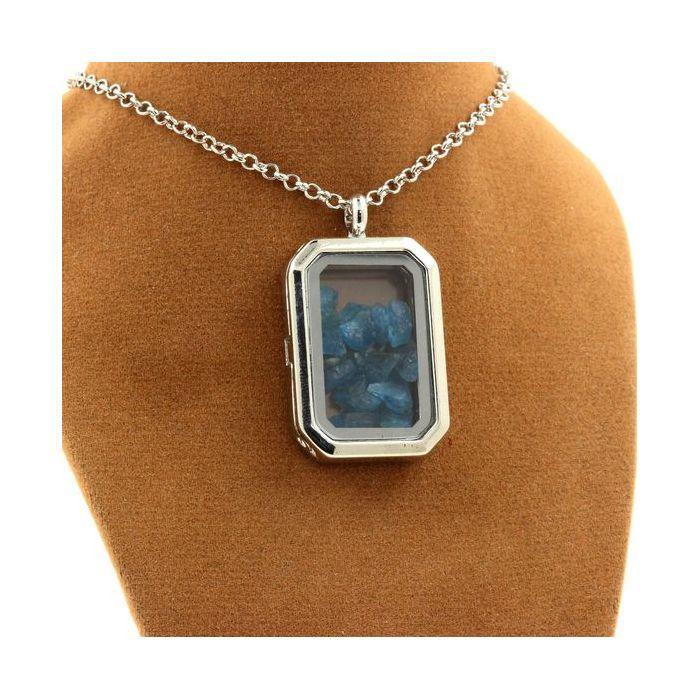 Pierres et Minéraux. Collier Apatite bleu neon brut. Modèle rectangle à pans coupés.