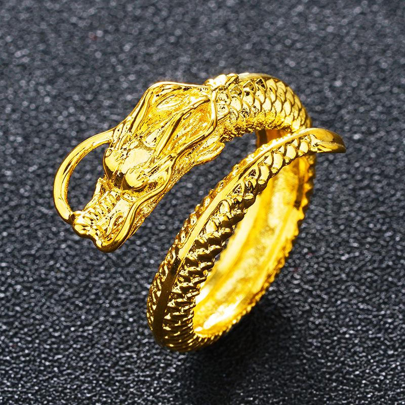 Vietnam Sand Gold Dragon Relief Men's Brass Ring with 24k Gold Electroplating
