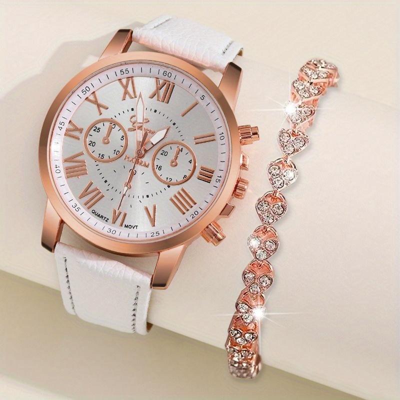 2 szt./zestaw Elegancki damski zegarek modny casualowy analogowy pasek ze skóry PU zegarek na rękę i bransoletka Rhinesone, najlepszy prezent dla niej