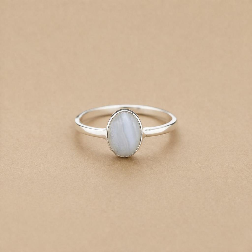 Blue Lace Agate Oval Ring, 925 Sterling Silver Bezel Ring, Statement Gemstone Jewelry