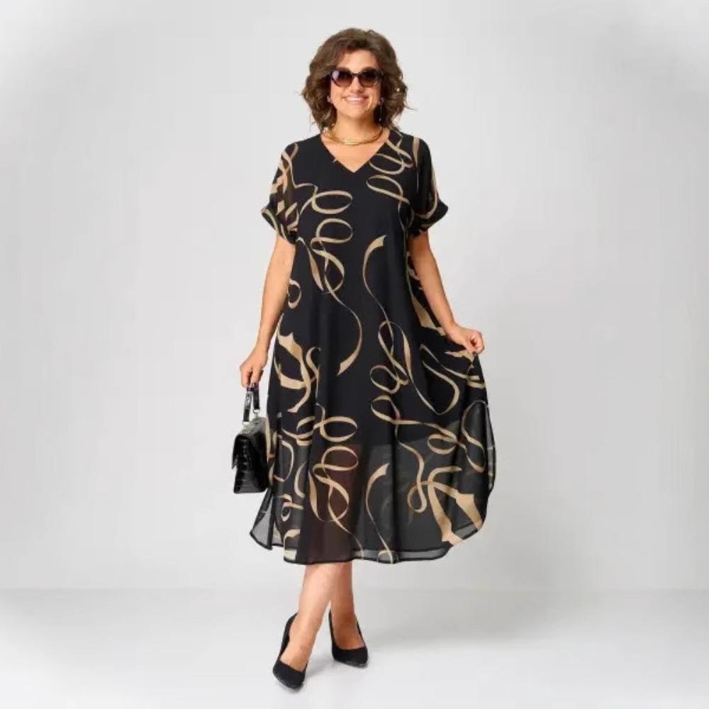 Damen V-Ausschnitt Kurzarm Abstraktes Linienmuster Lockerer Sitz Chiffon Midi-Kleid