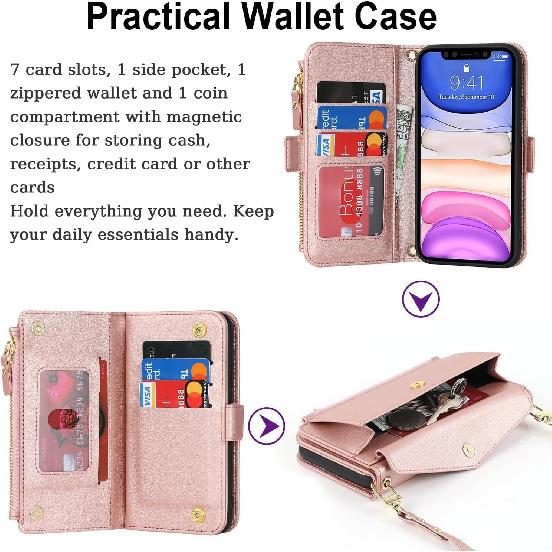 for iPhone 12 pro Wallet case,for iPhone 12 Phone case with Zipper Card Holders for Women Slots Crossbody Flip Folio Book Cover with Credit Card