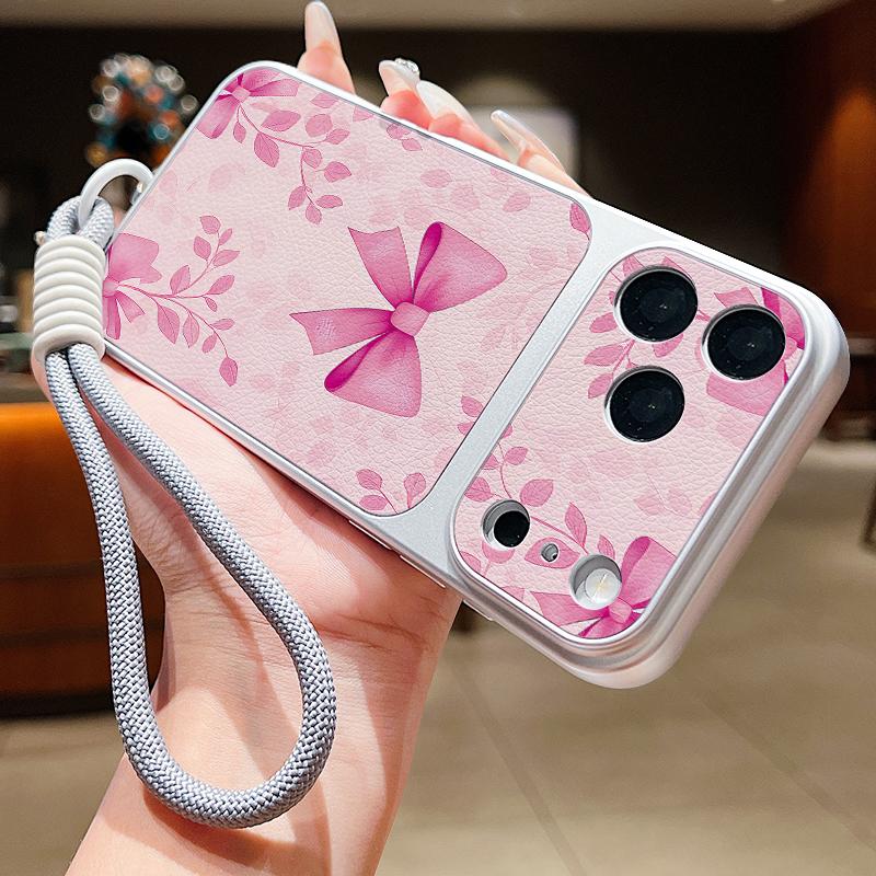 Cute Cartoon Bowknots Print Leather Lanyard Case For iPhone 18 Pro Max 17 16 15 14 13 Pro Max Luxury Hybrid TPU+PU Anti-skid Soft Phone Cover