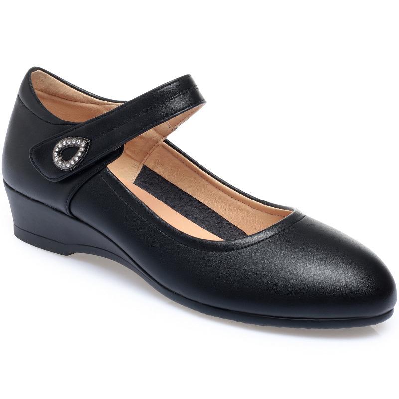 Women Fashion Round Toe Solid  PU Leather Comfort Spring Office Square Heel Pumps Classic Black Soft Bottom Single Shoes