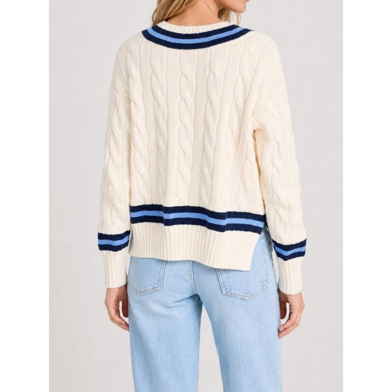 Women S Vintage College Style V Neck Twist Knit Loose Long Sleeve Pullover Sweater