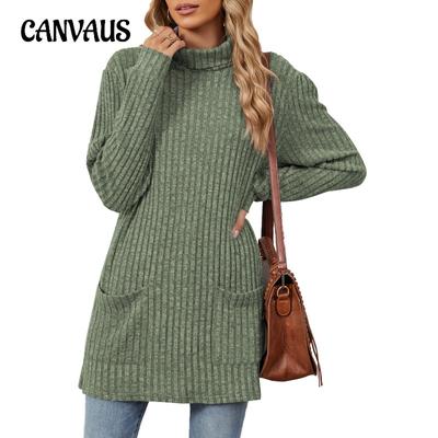 Camicetta da donna autunnale e invernale, tinta unita, collo alto, manica lunga, tasche larghe