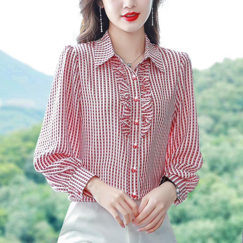 

Fashion Shirt Women s Long-sleeved Spring and Autumn Temperament All-match Small Shirt Ladies Striped Top 4XL червоний