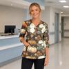 Womens Halloween Print V Neck Medical Scrub Top with Pockets Side Slits and Three Quarter Sleeves Halloween Themed Nurse Uniform Shirt