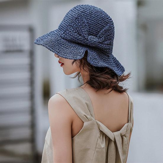 Bucket Brim Hat Bowknot Straw Summer Hat Wide Decor Side Split Design