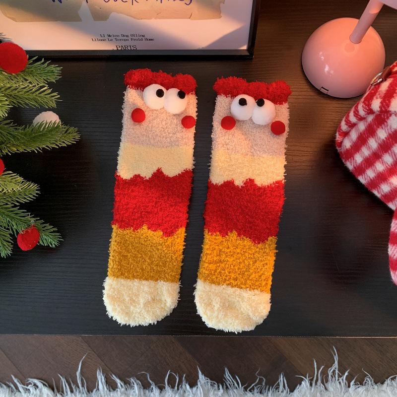 Entzückende Korallenfleece Damen Mid-Calf Schlafsocken - Weihnachtliches Fuzzy-Cartoon-Design für Herbst und Winter