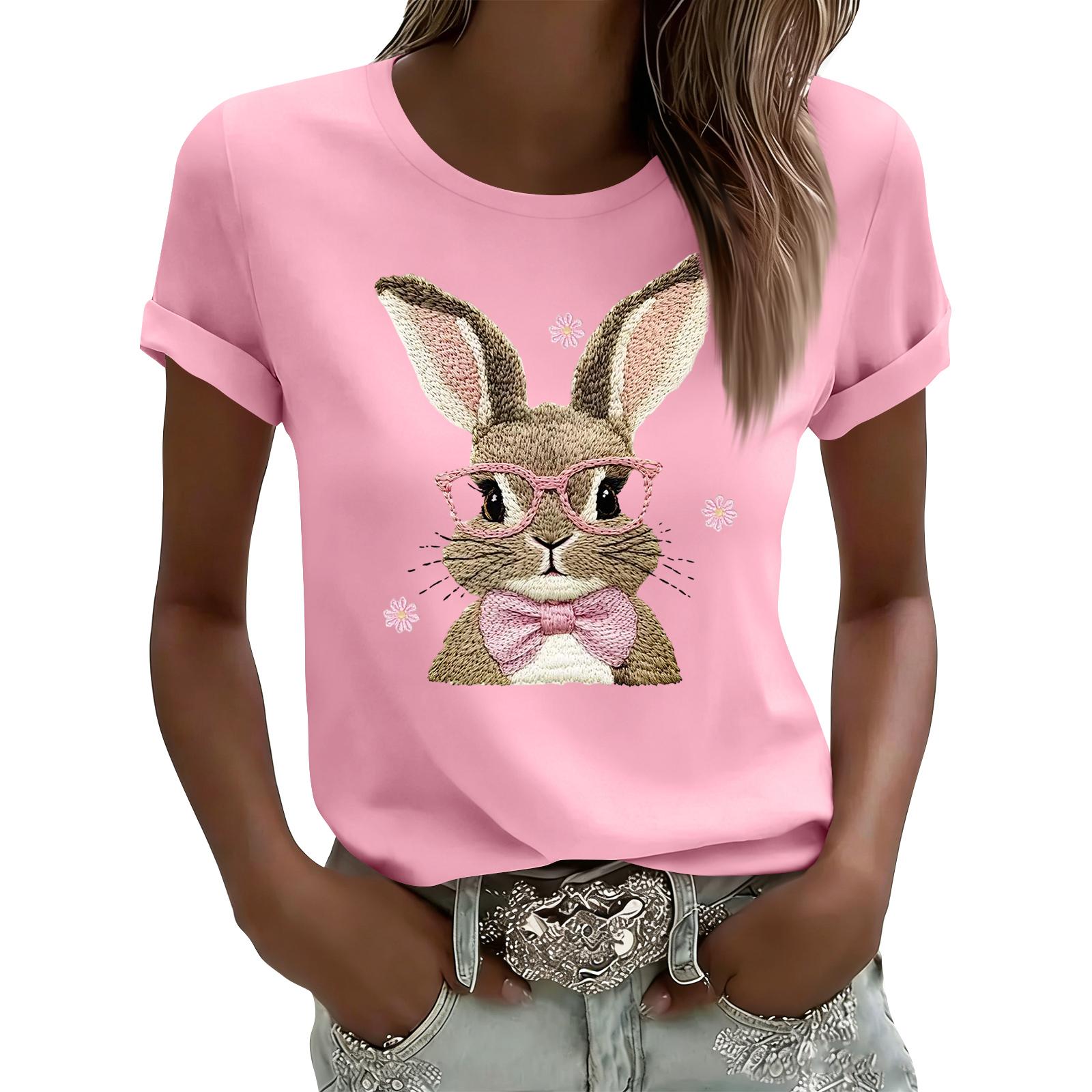 

Women s Casual Printed T-Shirt Round Neck Pullover Short Sleeve Top L розовый