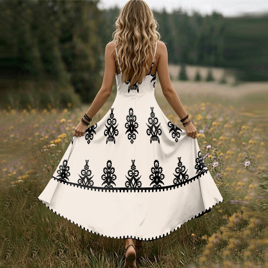 Women Sleeveless V Neck Maxi Dress Summer Bohemian Style Long Slip Dress with Embroidered Pattern and Adjustable Straps for Casual Wear