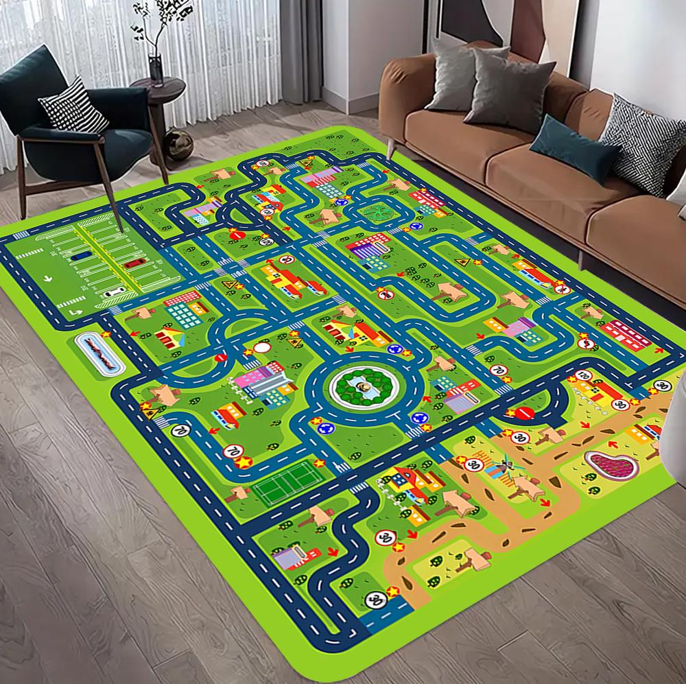 Funny City Road Print Kids Play Rug Road Traffic Pattern Non-Slip Soft Carpet Modern Home Floor Decor Mat for Children's Room