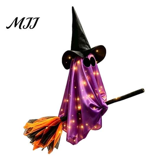 Whimsical Ghost Witch Figurine Halloween Flying with Broom, Large Lighted Hanging Decoration Easy Holiday Party Props Hat for Lawn Patio Porch