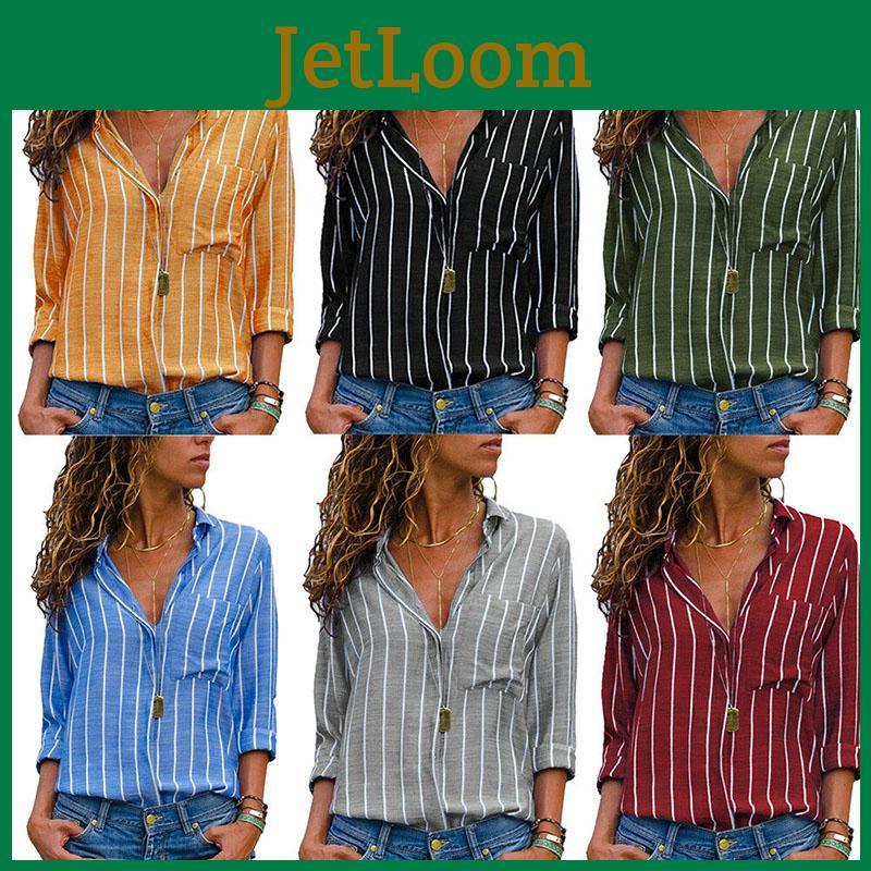 Womens Long Sleeve Loose Blouse Casual Tops Featuring Elegant V-neck Button-up Design
