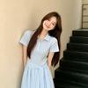 French blue polo collar dress children's summer new small man huge good-looking temperament waist dress