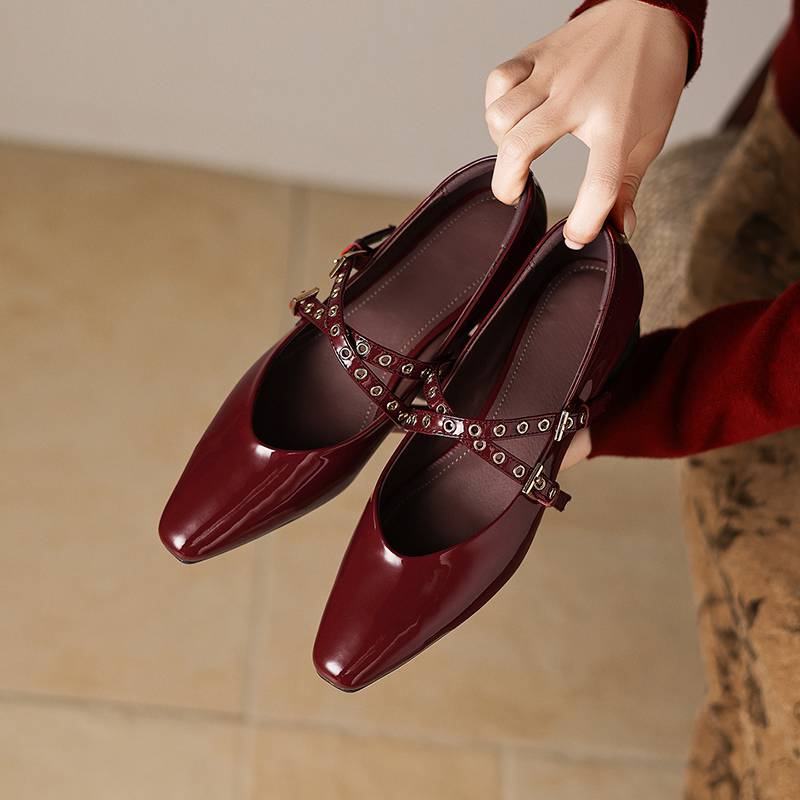 Krazing Pot Genuine Leather Square Toe Low Heels Summer Shoes Big Size 42 Buckle Straps Women Shallow Pumps