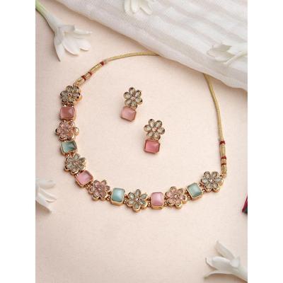 Floral Gold Plated Multicolor AD Stone Collar Bone Necklace Set And Earring | Jewellery Set For Women