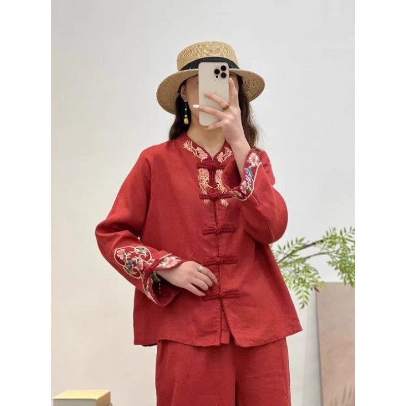 Lente Herfst Retro Etnische Stijl Borduurwerk Enkele Rij Schijfgesp Effen Kleur Kleine Blouse Top