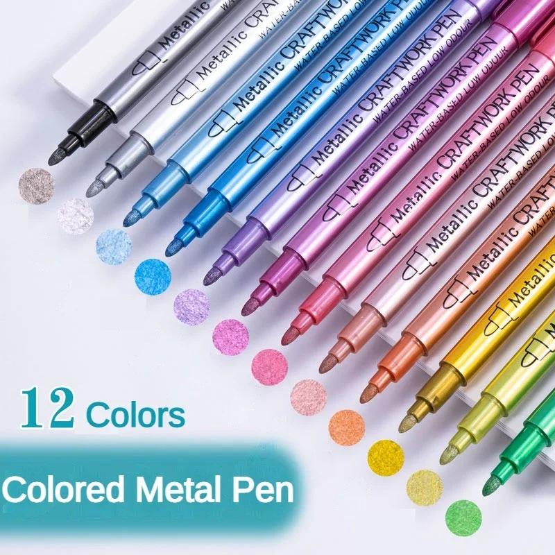12 Colors Metallic Marker Pen Colorful Permanent Art Marker Highlights For Paint Crafts Scrapbooking Art Supplies Stationery