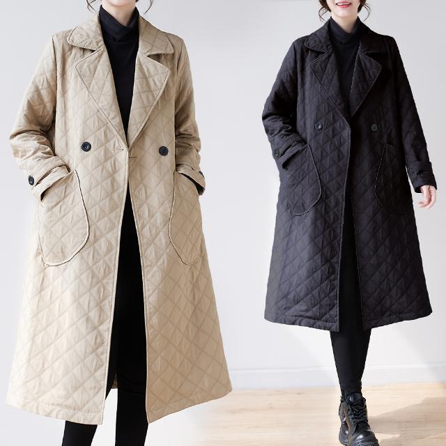 Women's Korean-Style Fashionable Autumn Winter Trench Coat Lightweight Mid-Length Loose Coat with Stylish Diamond Pattern