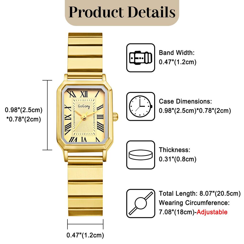 Square Stainless Steel Antique Roman Analog Stylish Quartz Fashion Watch for Women Perfect Gift for Day Women's Watch Display, Waterproof, Cute,