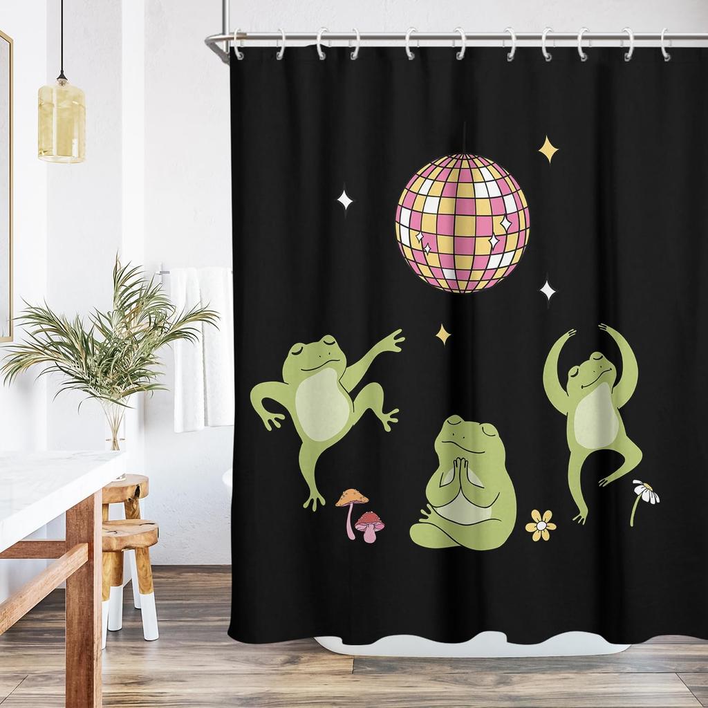 Funny Frog Shower Curtain Fun Kids Cute Animal Disco Ball Dancing Cartoon Children Anime Unique Pattern Aesthetic Fabric