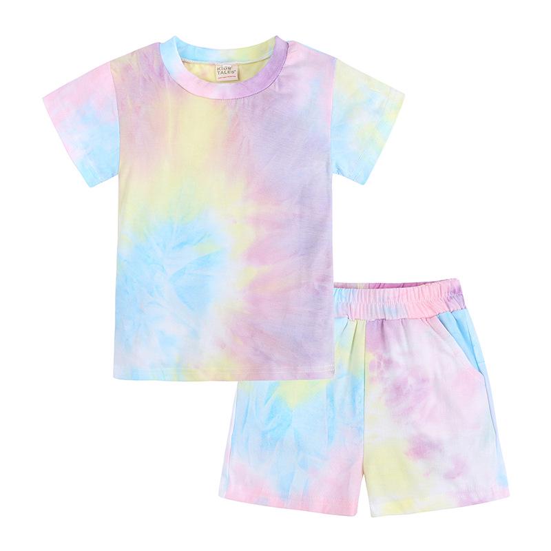 2026 Tie-Dye Summer Clothes Set for Kids: Short-Sleeve T-Shirt & Shorts for Boys and Girls, Small and Medium Sizes.