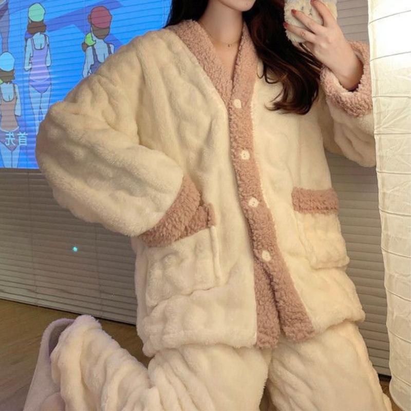 Coral Fleece Pajamas Women  Autumn and Winter  Thickened Fleece-lined Graceful Home Wear Set