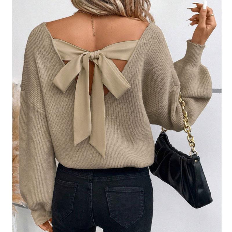 Schwarzer Grobstrickpullover mit Rückenausschnitt und Schleifendetail, lässiges Langarm-Oberteil