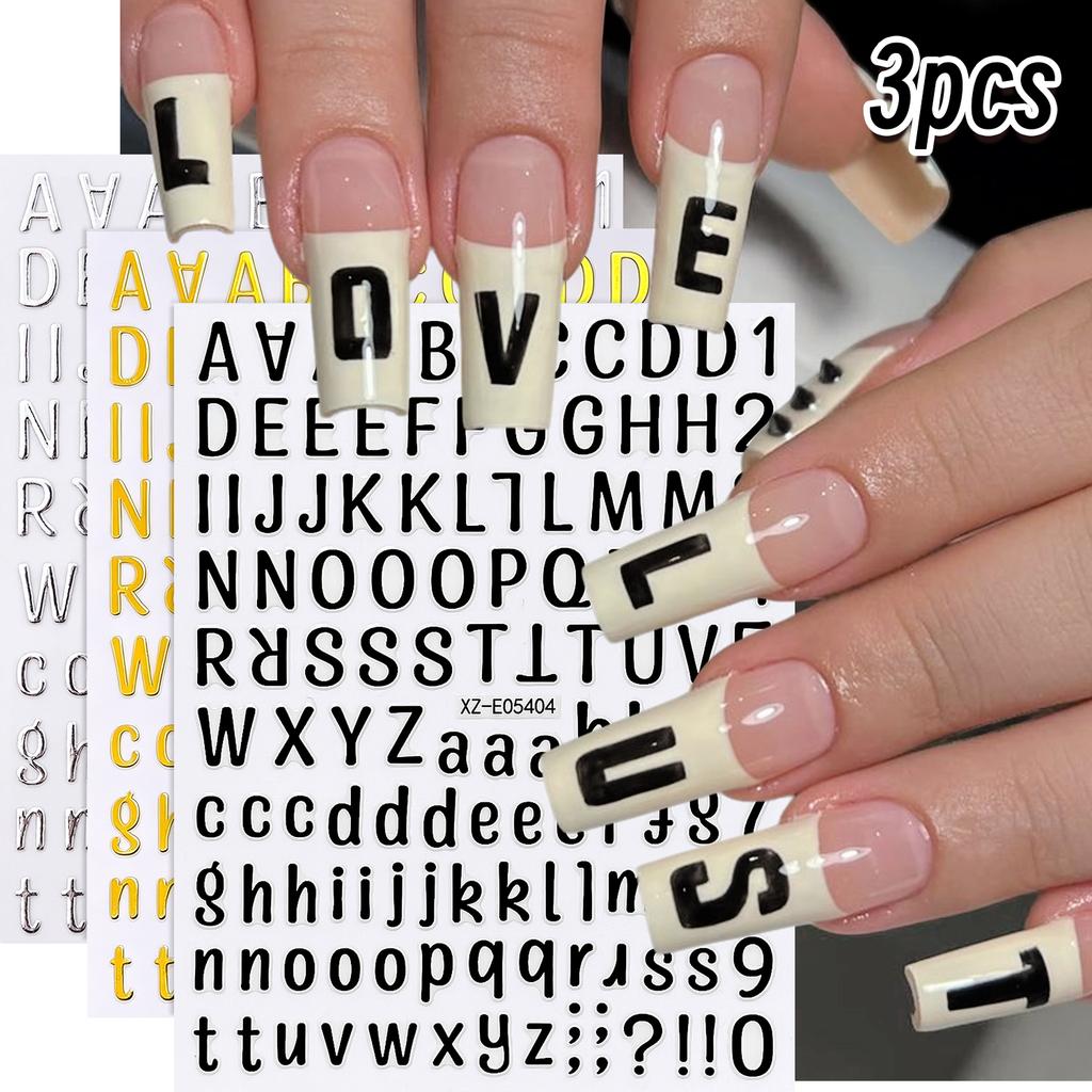 3sheets 3D Old English Letter Nail Stickers Gold/Silver/Black Retro Alphabet & Numbers Nail Decals Self-Adhesive Nail Decora E#4