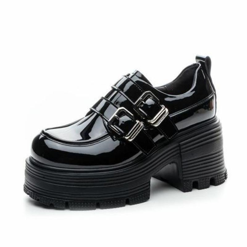Fashion Retro Thick Heel Loafers Women's Autumn New Single Shoes Buckle Round Head Fashionable British Style Small Leather Shoes