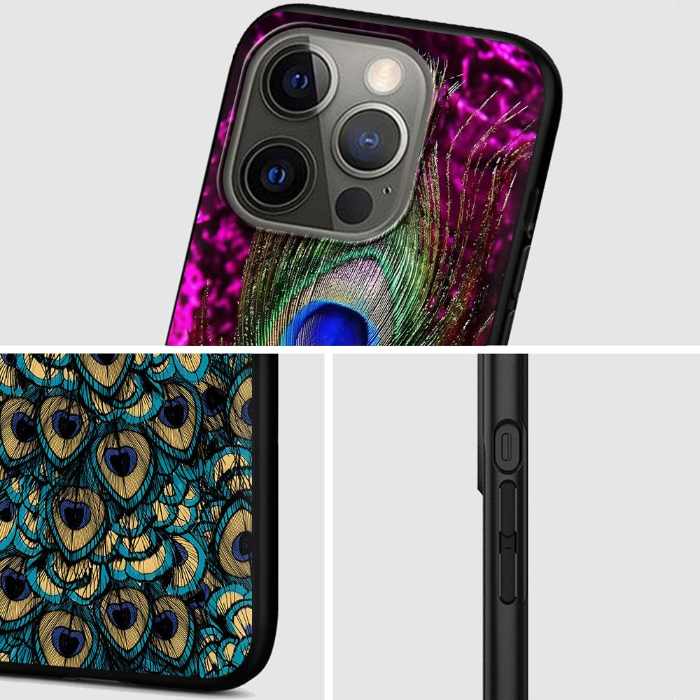 Peacock Feathers Case for Apple iPhone 14 11 7 SE 2020 8 X XS 13 12 Mini XR 15 Pro Max Silicone Black Soft Phone Cover