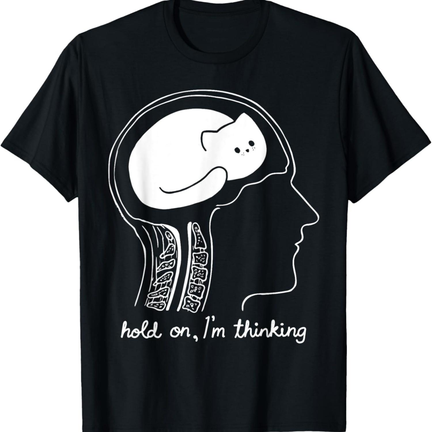 Funny Cat Brain Hold On I m Thinking Graphic T-Shirt S чёрный