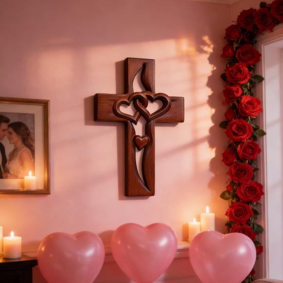 Propletená srdce Dřevěná nástěnná dekorace Ručně vyřezávaná Dvojitá srdce Nástěnná socha Domácí obývací pokoj Nástěnná závěsná Křesťanská náboženská ozdoba